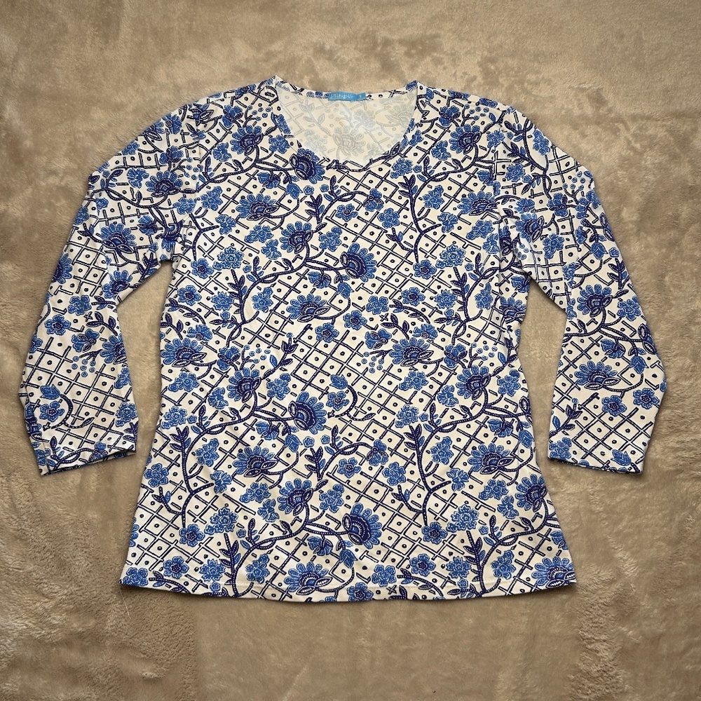J McLaughlin Signature Catalina Cloth Size S 3/4 Sleeve Crewneck T-shirt Floral